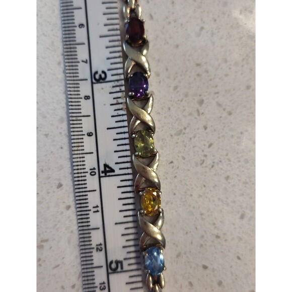 925 Sterling Silver Genuine Multi Gemstone XO link and clasp Bracelet 7 7/8" - Picture 3 of 7
